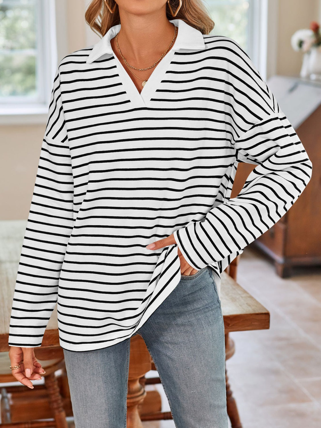 Striped Johnny Collar Long Sleeve Shirt