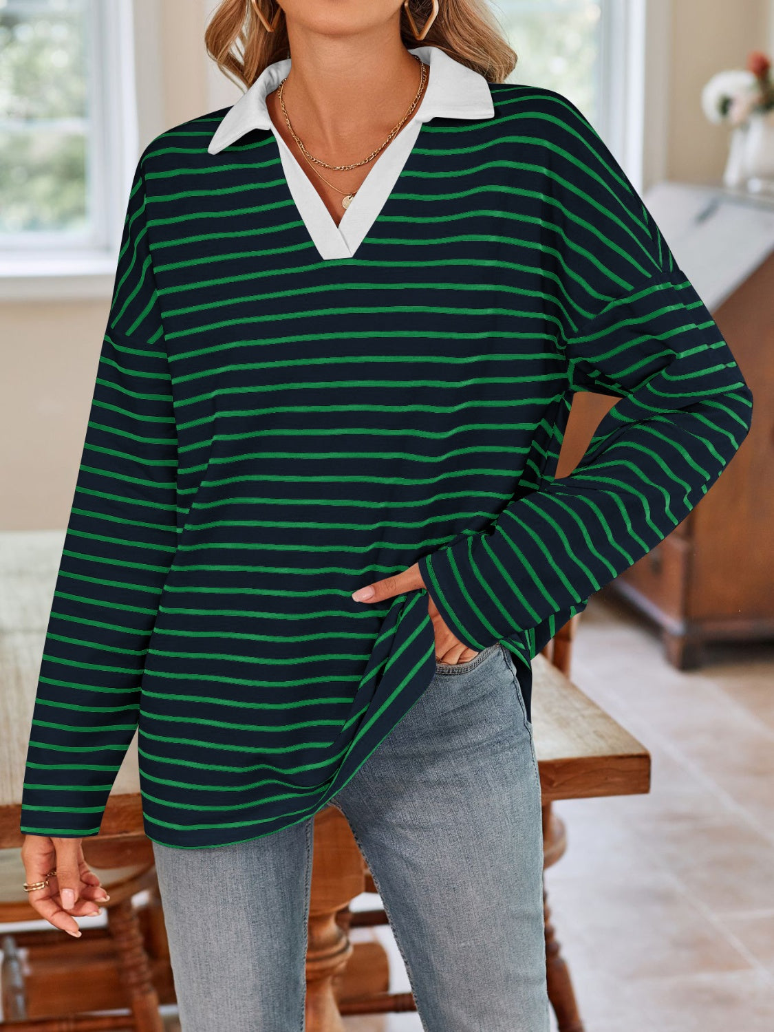 Striped Johnny Collar Long Sleeve Shirt