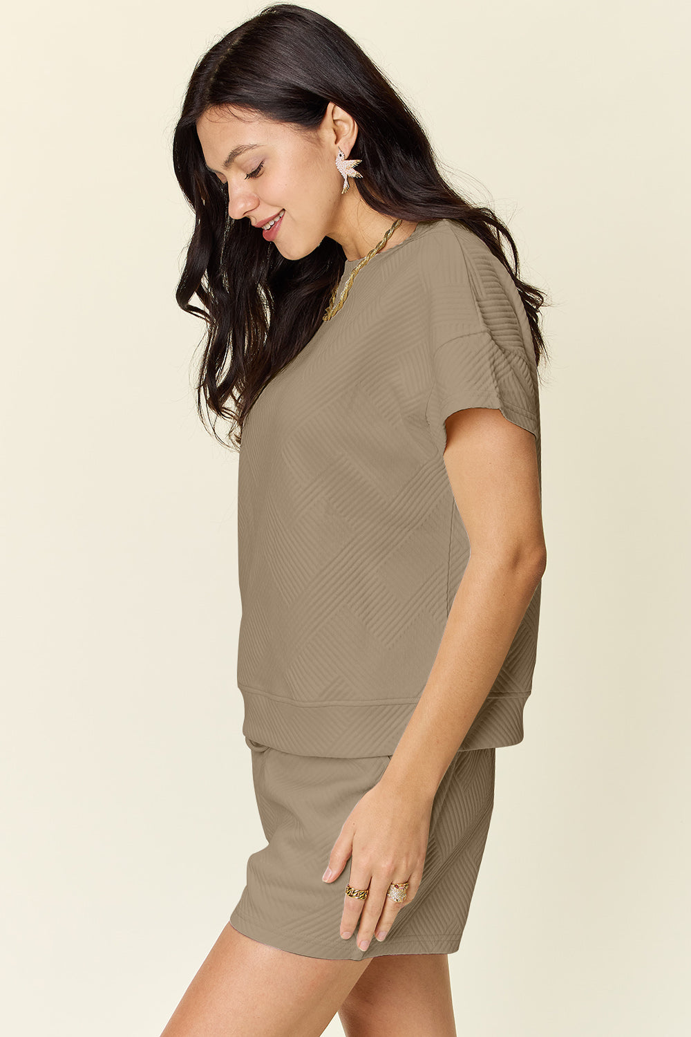Double Take Full Size Texture Short Sleeve T-Shirt and Drawstring Shorts Set - 11 Colors!