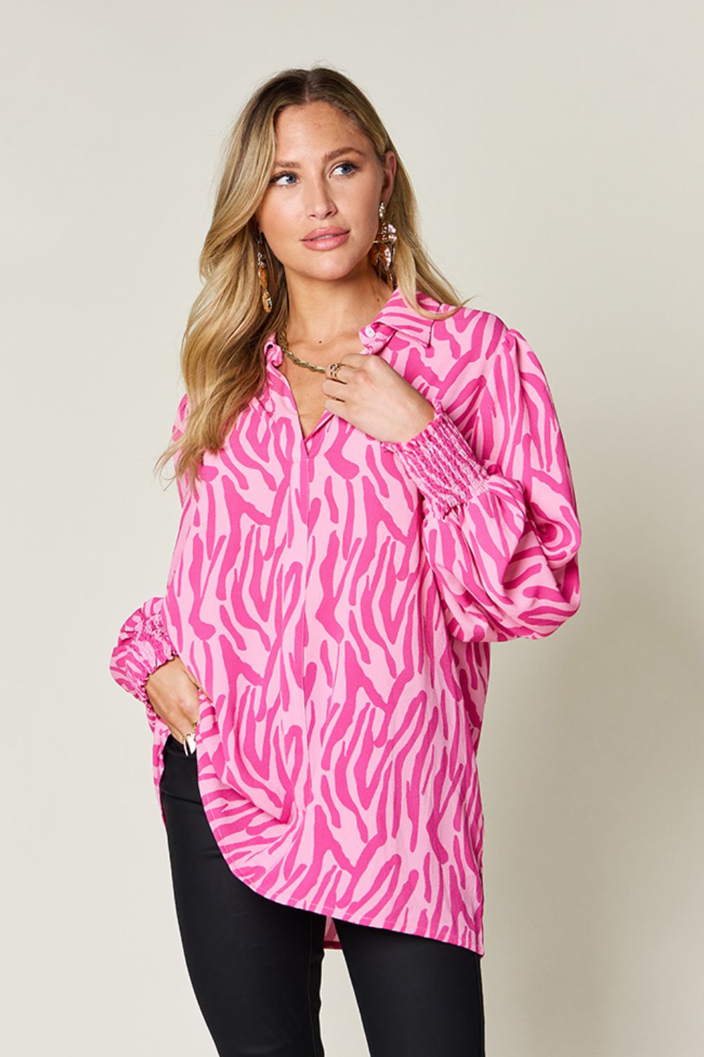 Double Take Full Size Printed Smocked Long Sleeve Blouse - 4 Colors!