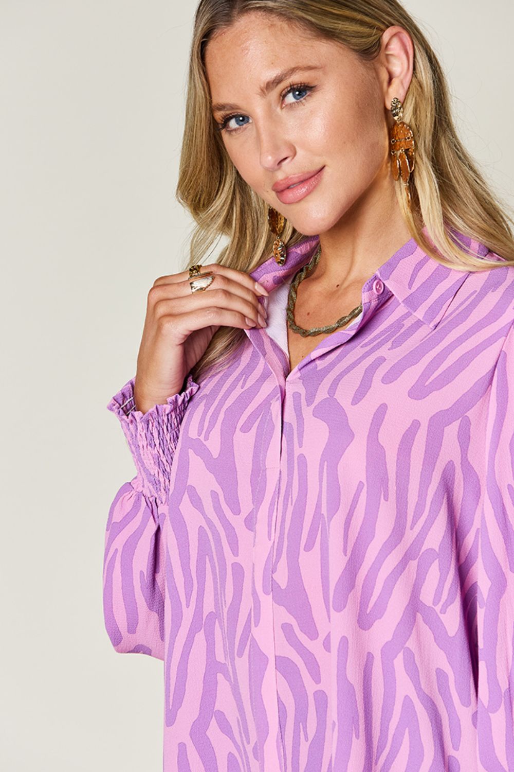 Double Take Full Size Printed Smocked Long Sleeve Blouse - 4 Colors!