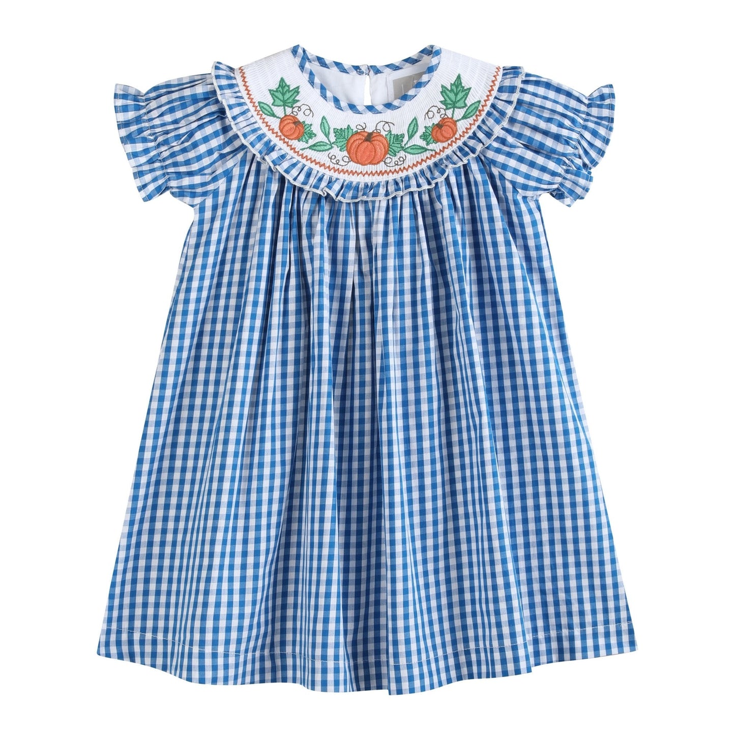 Blue Gingham Pumpkin Smocked Ruffle Bishop Dress