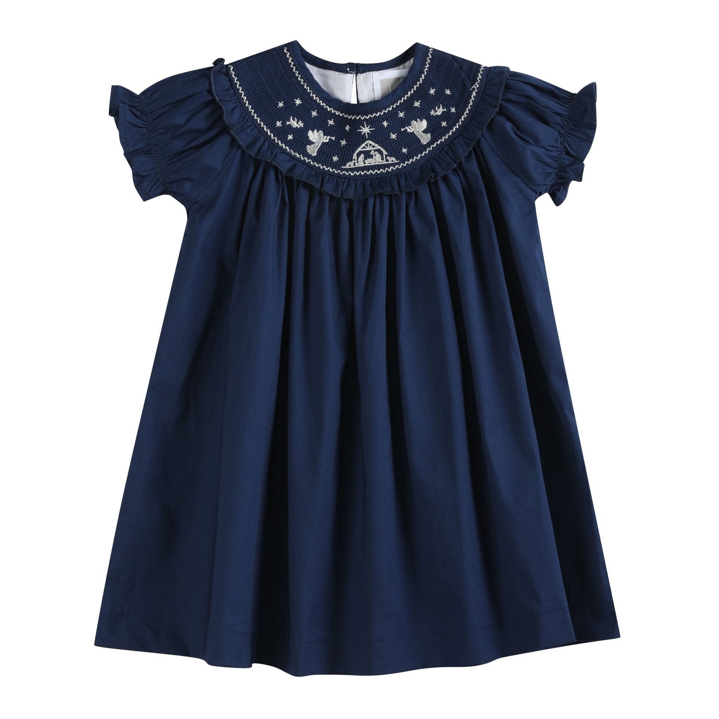 Blue Nativity Smocked Ruffle Bishop Dress