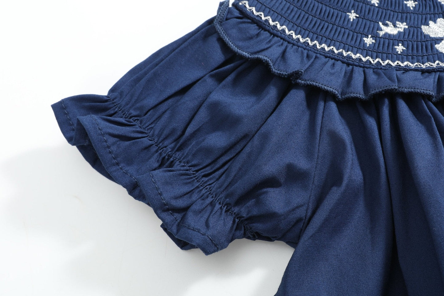 Blue Nativity Smocked Ruffle Bishop Dress
