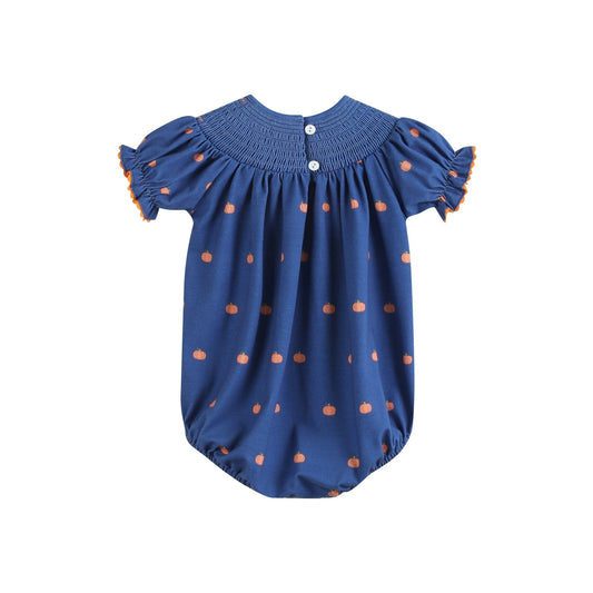 Blue Pumpkin Print Knit Smocked Bubble Romper