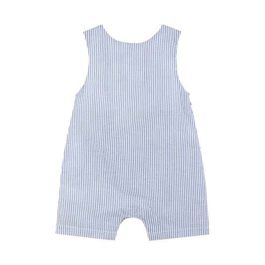 Blue Seersucker Baseball Smocked Shortalls