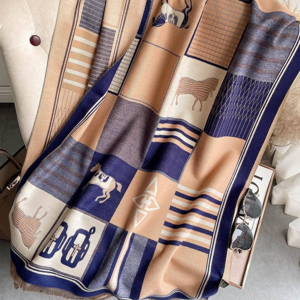 Winding River - Tan & Navy Stable Reversible Scarf Wrap