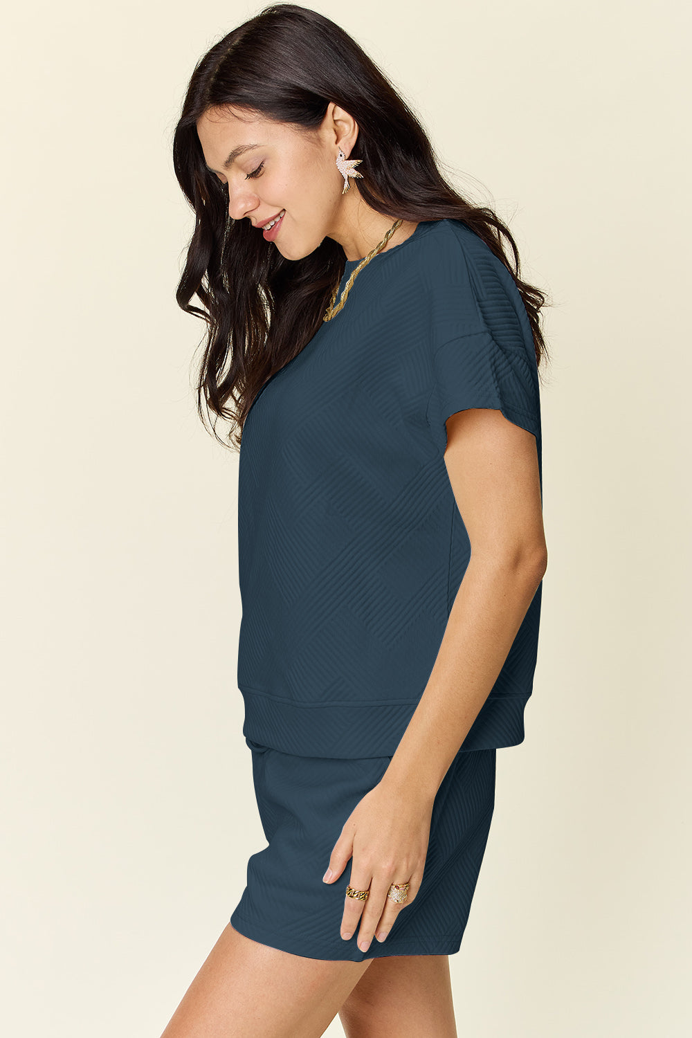 Double Take Full Size Texture Short Sleeve T-Shirt and Drawstring Shorts Set - 11 Colors!