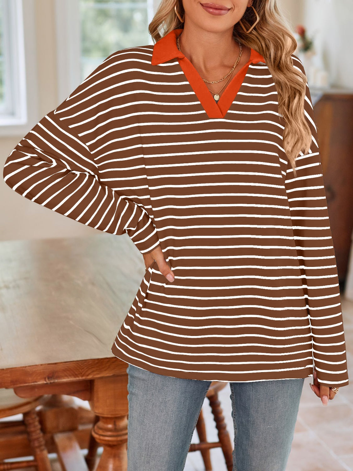 Striped Johnny Collar Long Sleeve Shirt