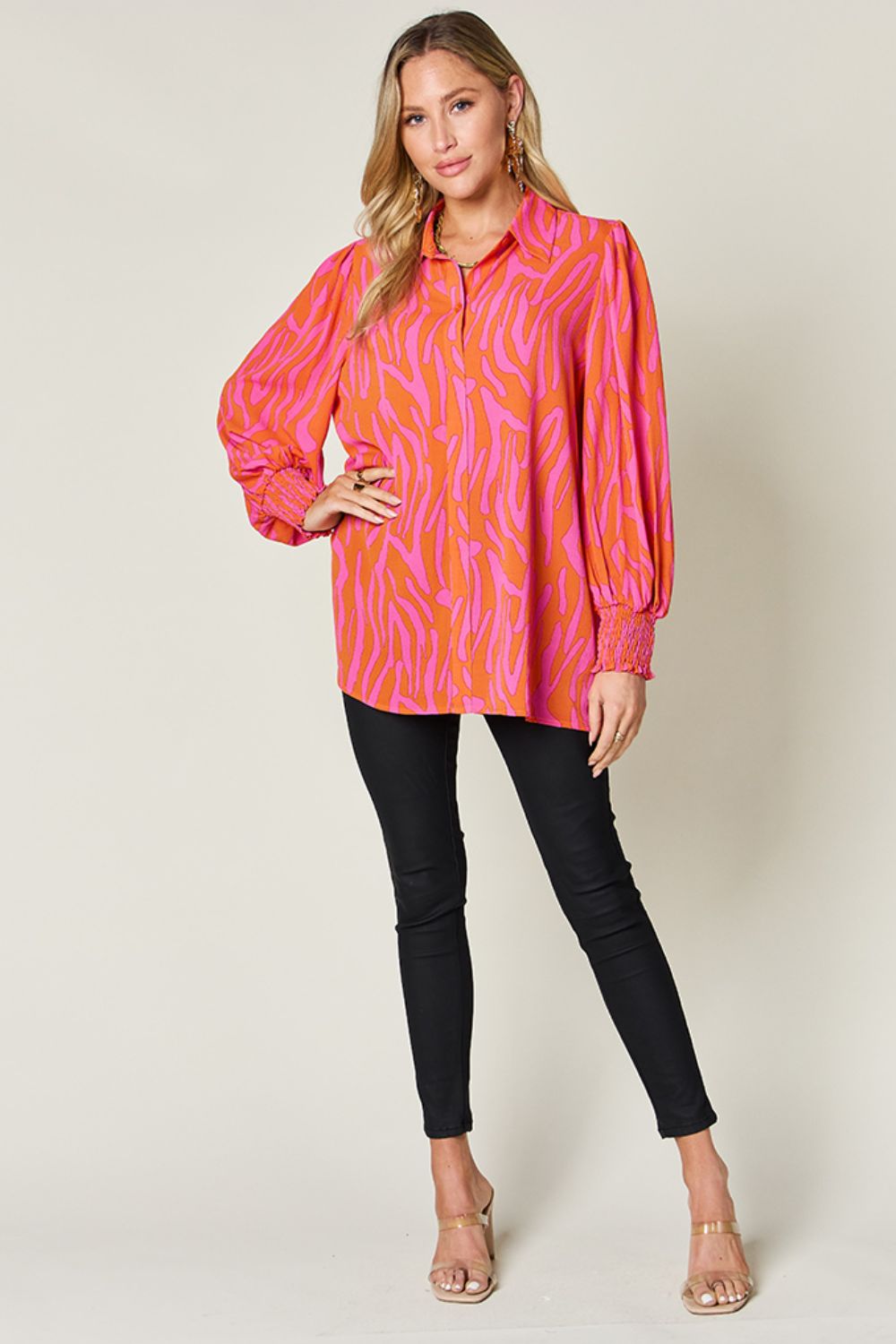 Double Take Full Size Printed Smocked Long Sleeve Blouse - 4 Colors!