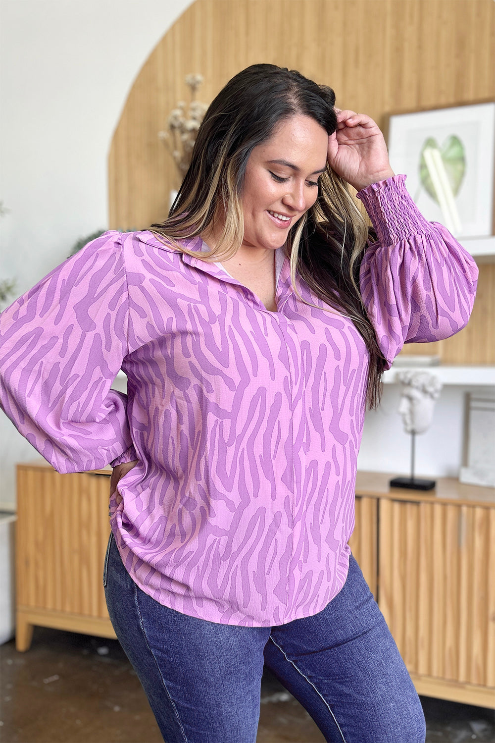 Double Take Full Size Printed Smocked Long Sleeve Blouse - 4 Colors!