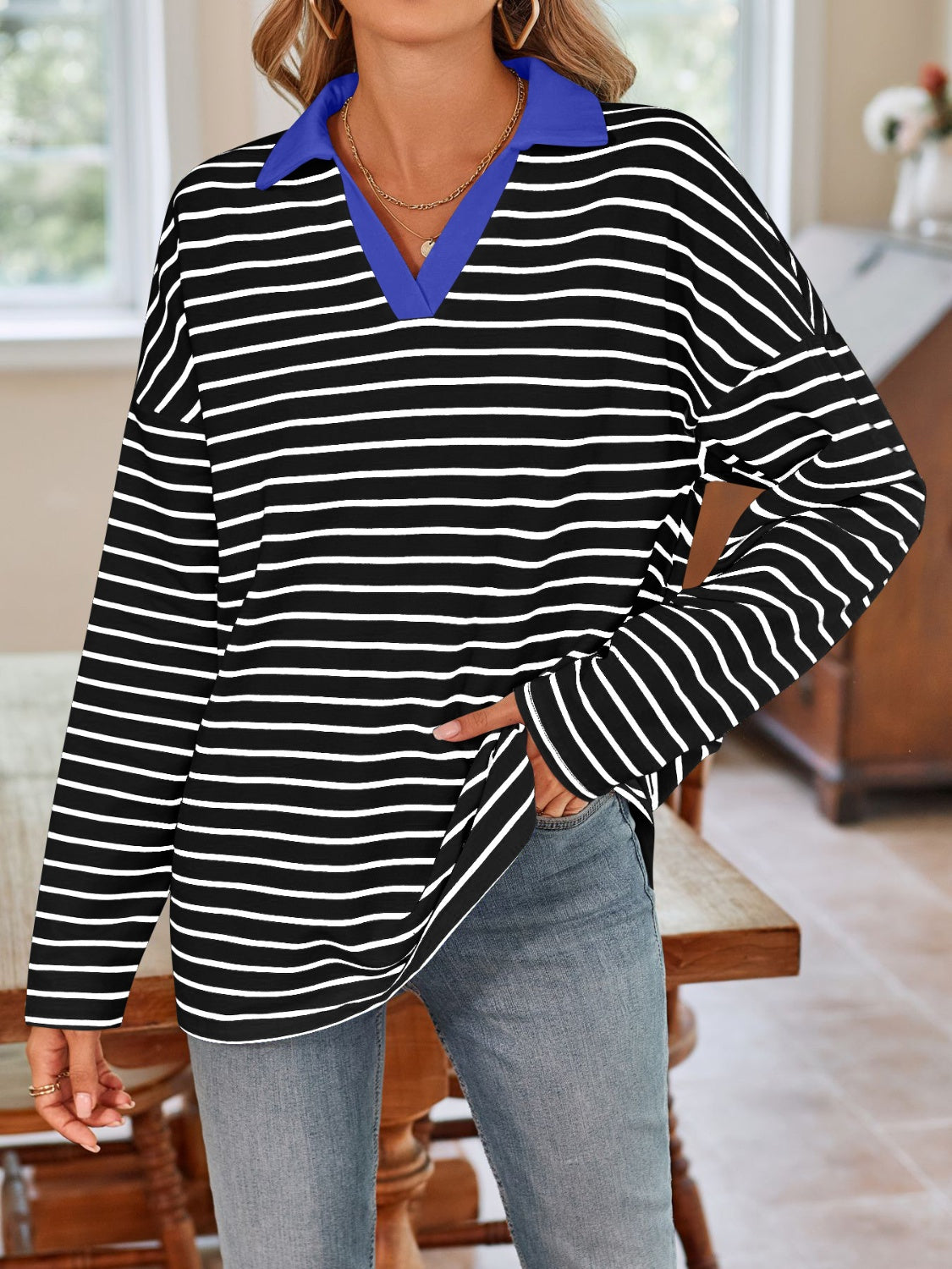 Striped Johnny Collar Long Sleeve Shirt