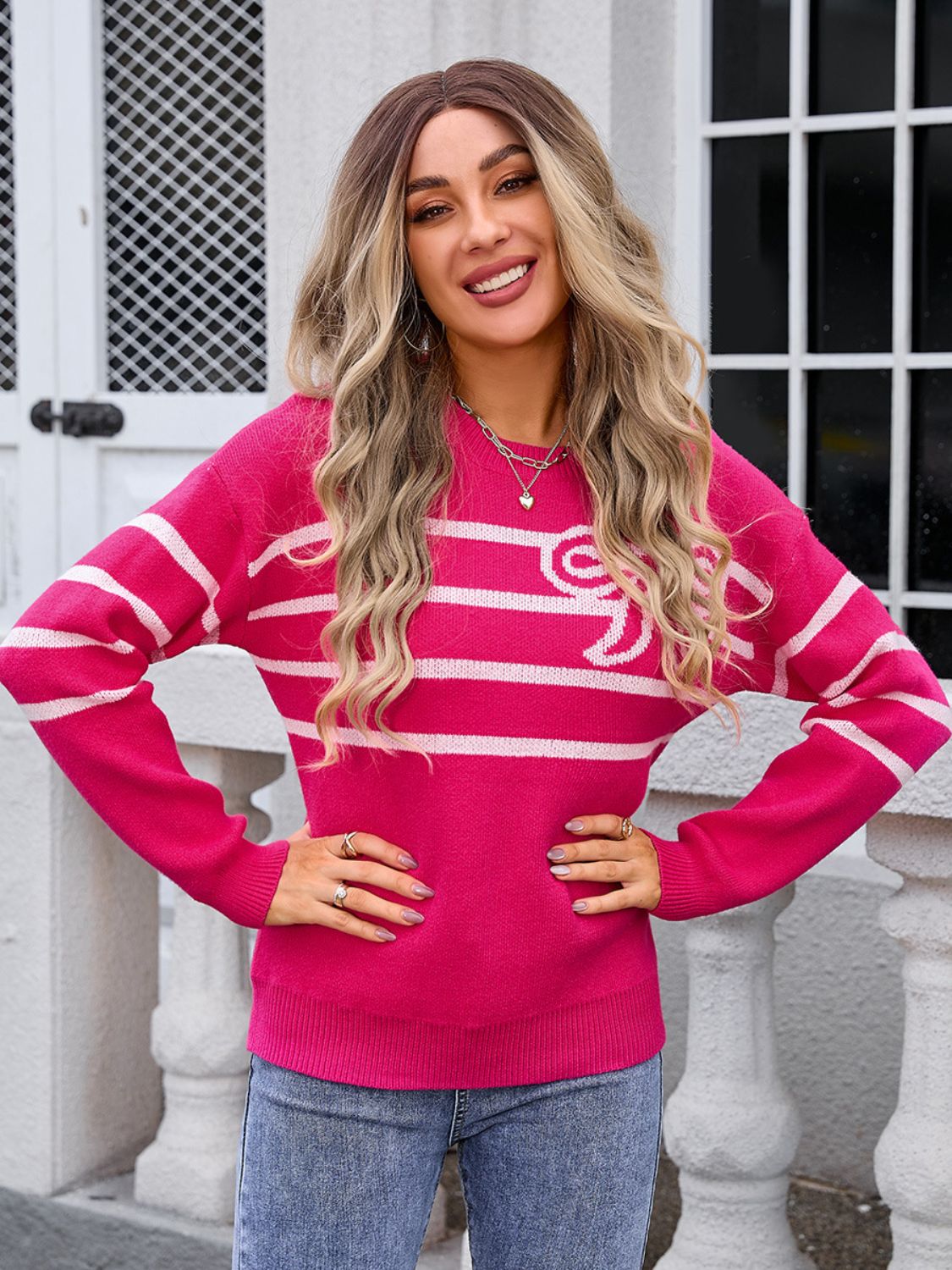 Striped Bow Long Sleeve Sweater - Multiple Colors