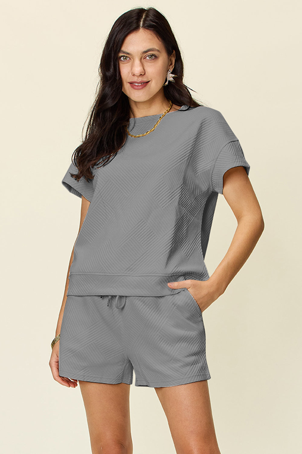 Double Take Full Size Texture Short Sleeve T-Shirt and Drawstring Shorts Set - 11 Colors!