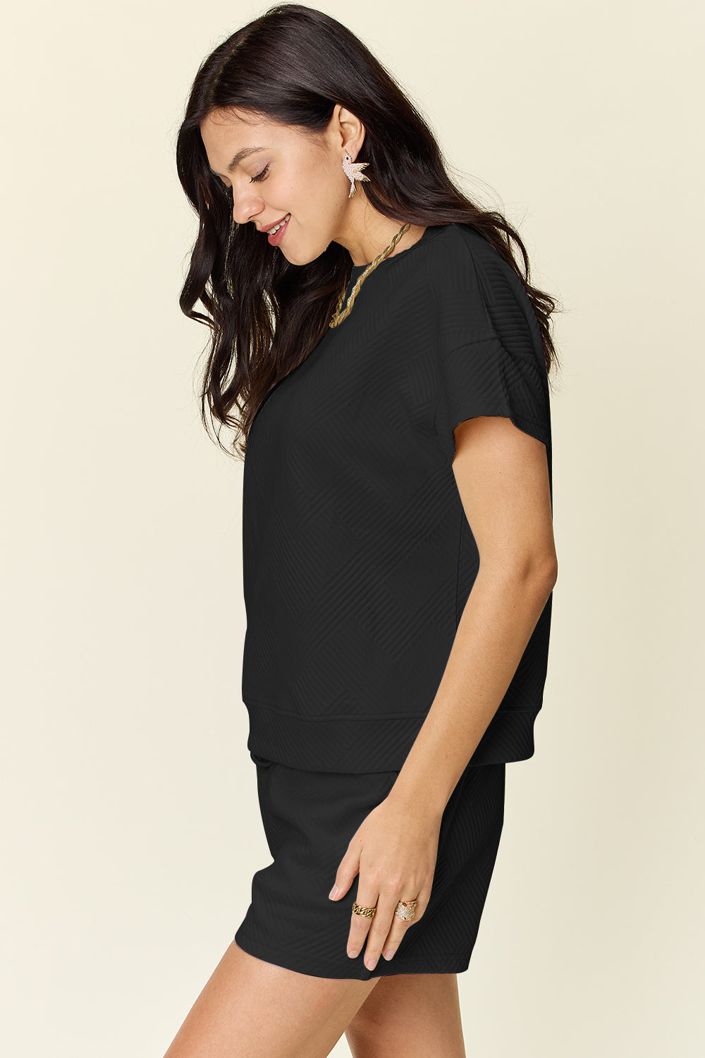 Double Take Full Size Texture Short Sleeve T-Shirt and Drawstring Shorts Set - 11 Colors!