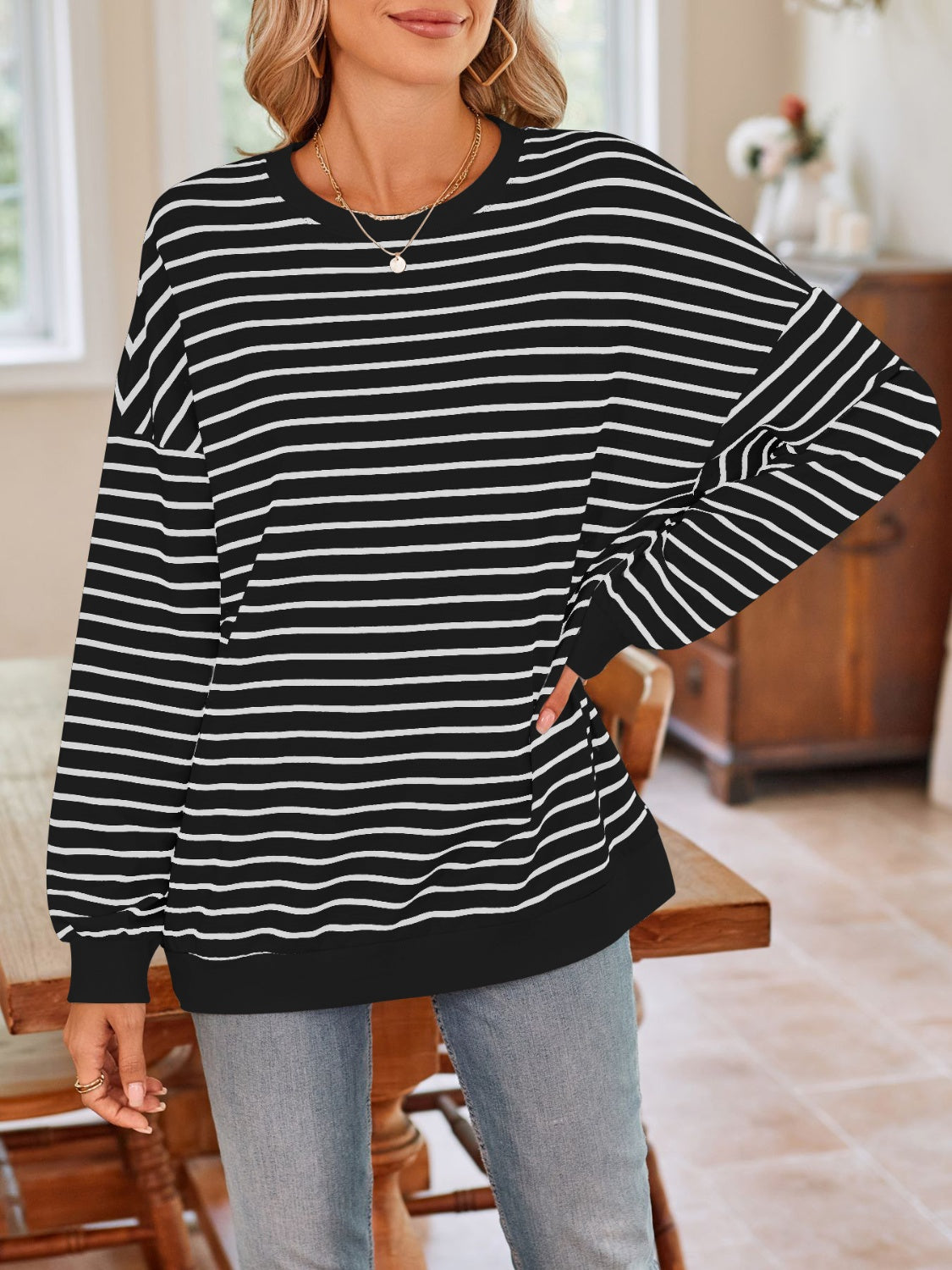 Simplee Striped Long Sleeve Sweatshirt