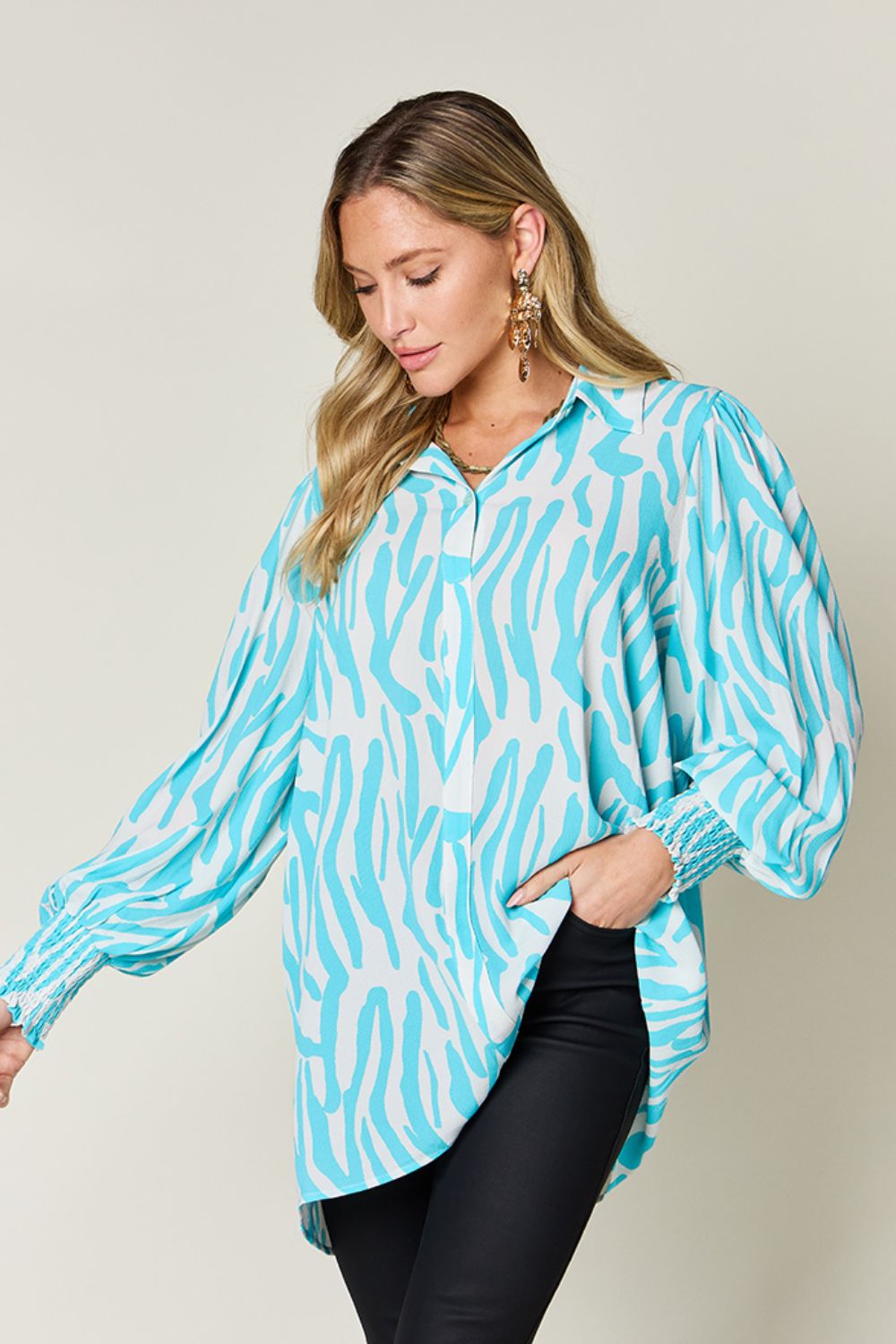 Double Take Full Size Printed Smocked Long Sleeve Blouse - 4 Colors!