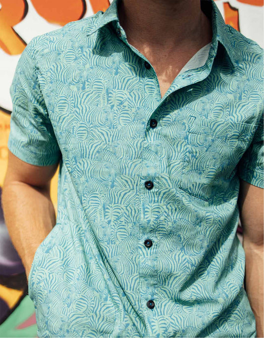 TOO MANY LINES - TURQUOISE ZEBRA  7-SEAS™ BUTTON UP