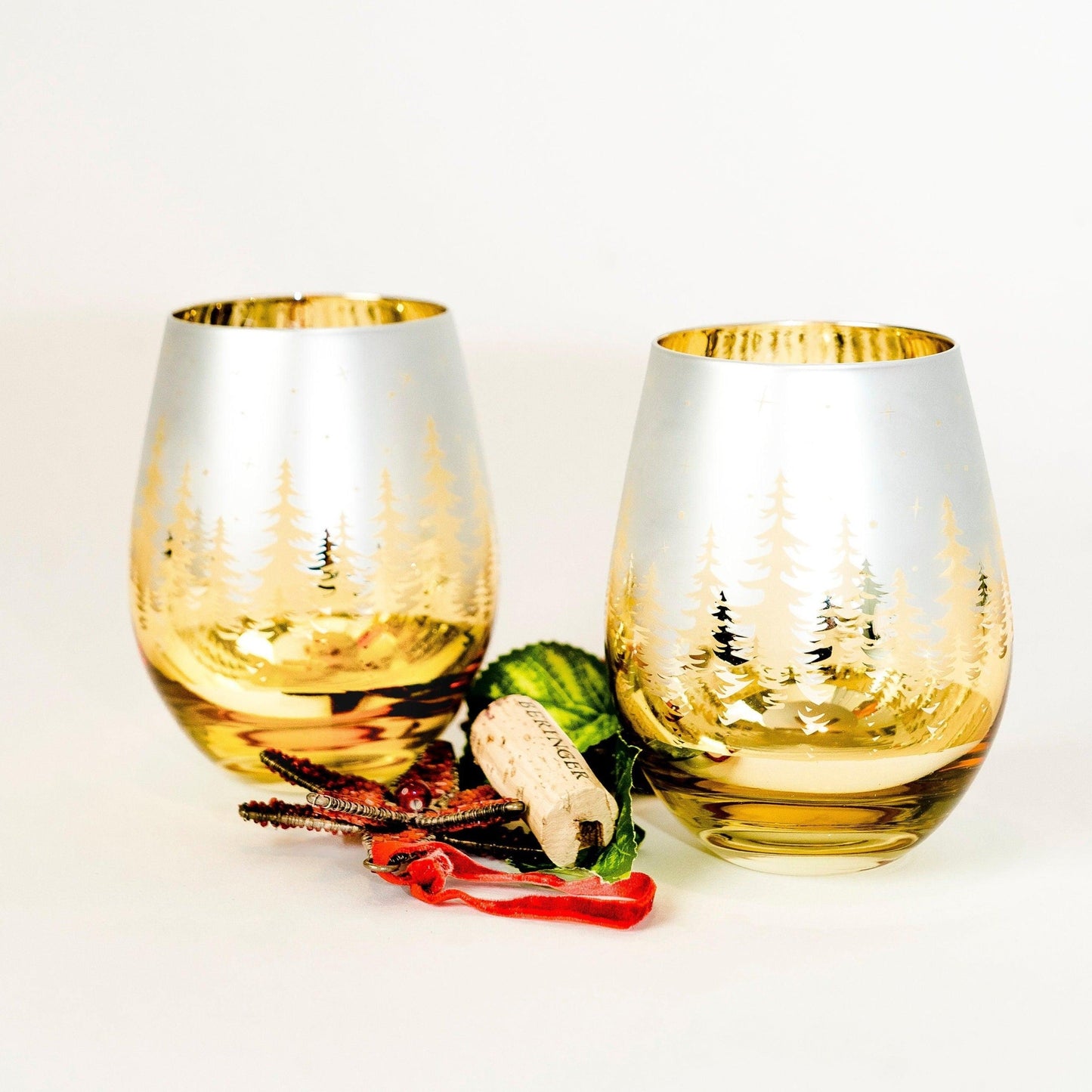 Gold Pine Tree Stemless Wine Glasses