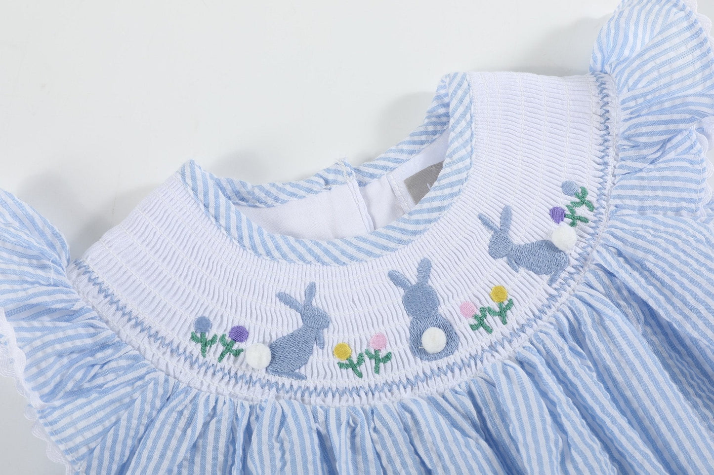 Light Blue Seersucker Easter Bunny Smocked Bishop Dress