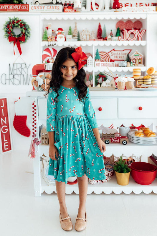 Christmas Candy 3/4 Sleeve Pocket Twirl Dress