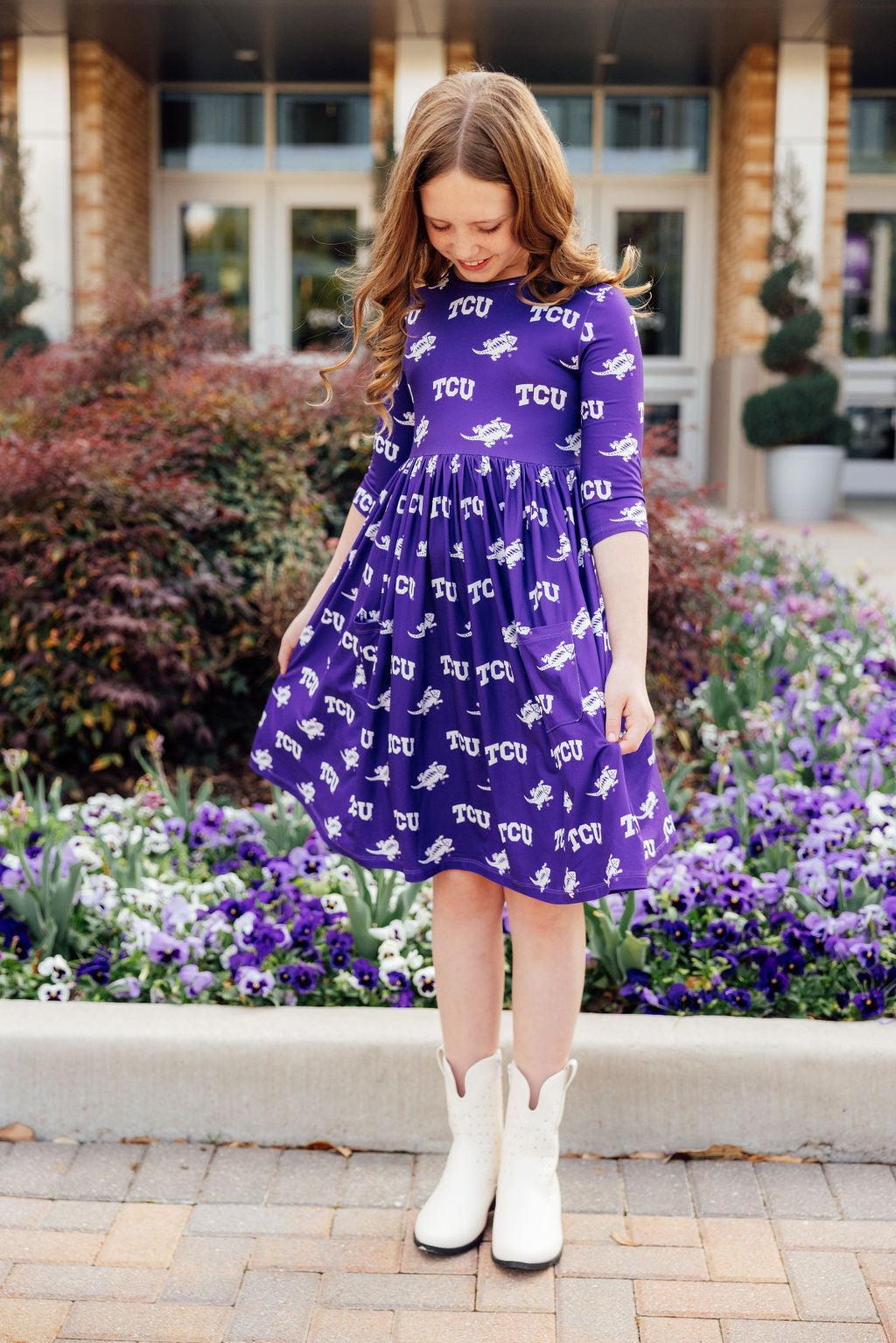 TCU Purple Frog 3/4 Sleeve Pocket Twirl Dress