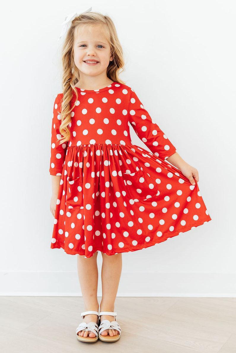 Red Polka Dots 3/4 Sleeve Pocket Twirl Dress