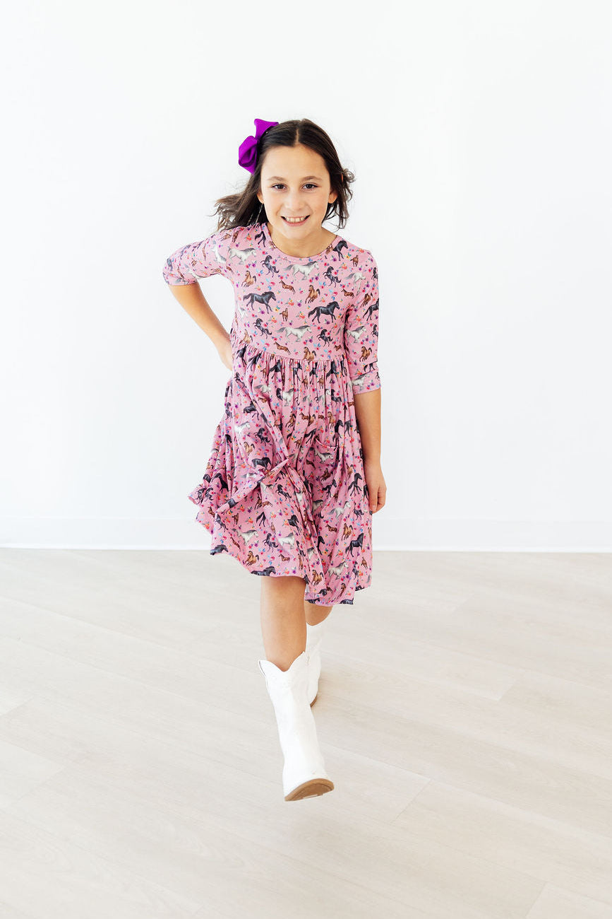 Petals & Ponies 3/4 Sleeve Pocket Twirl Dress