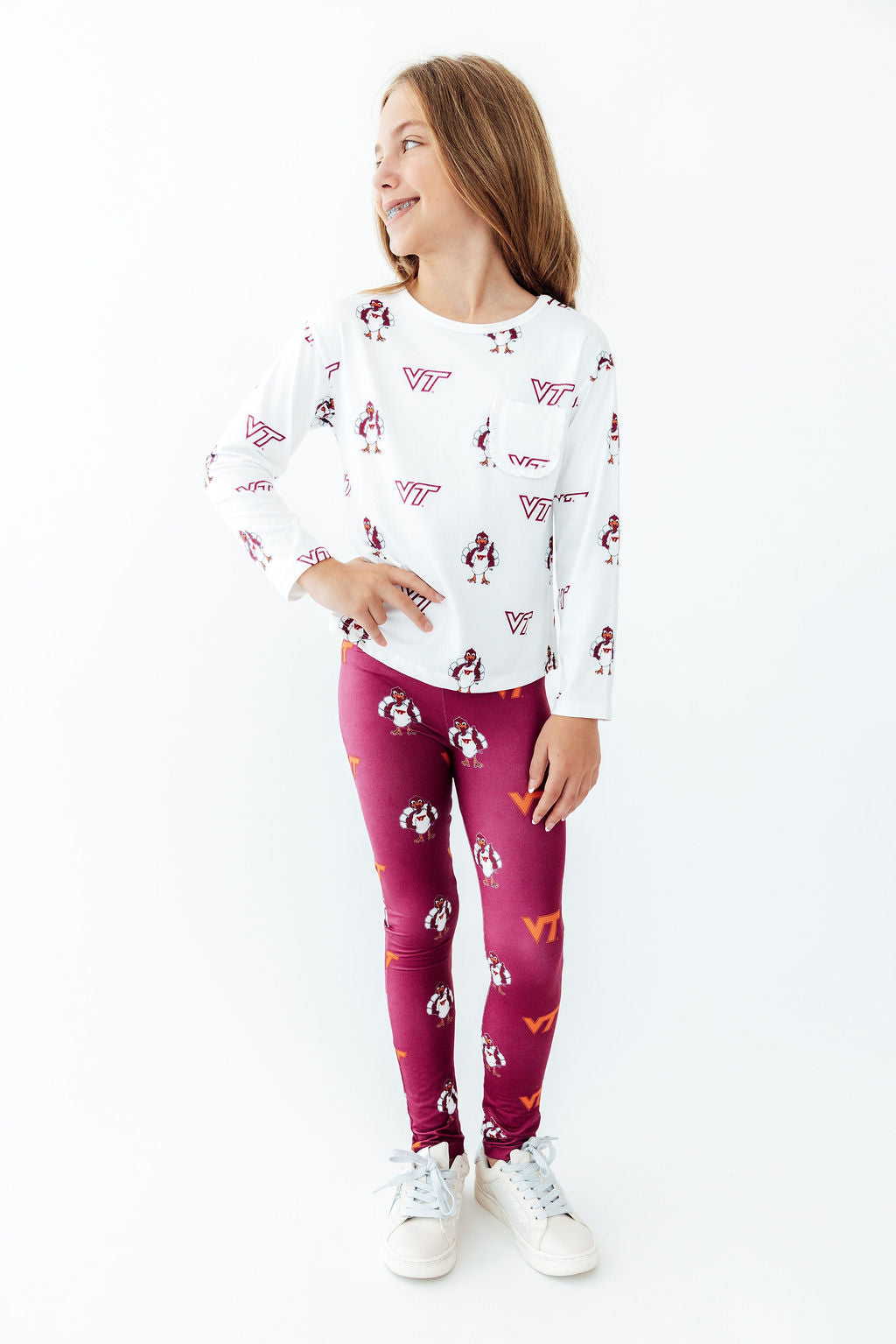 Virginia Tech White Hokie L/S Ruffle Pocket Tee