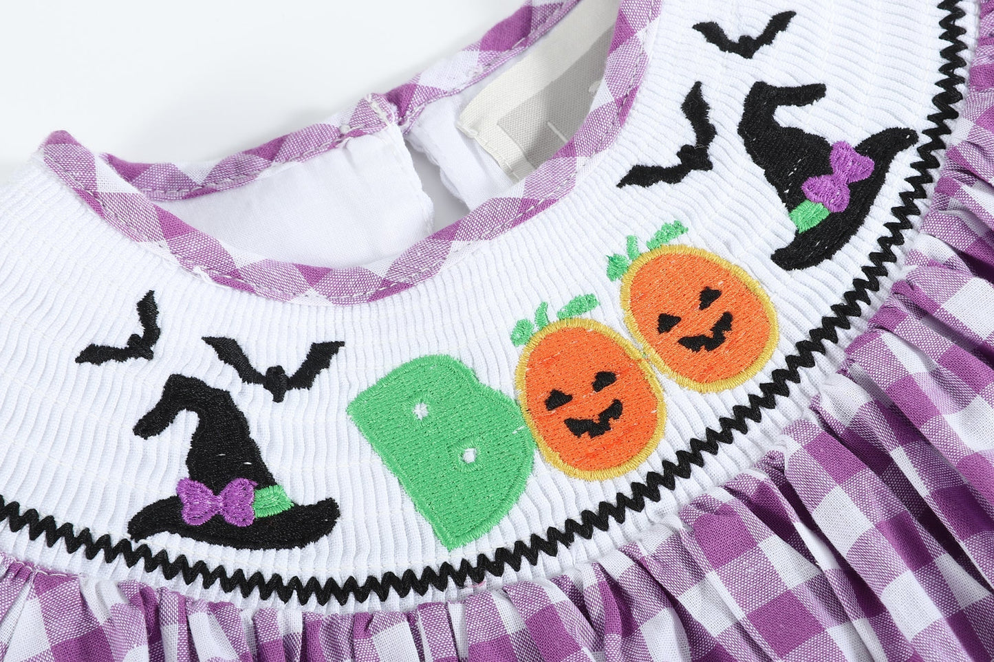 Purple Gingham Halloween Boo Smocked Bishop Dress