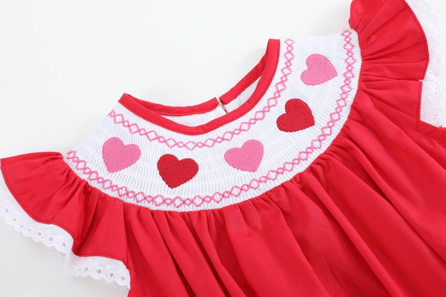 Valentine Red Heart and Lace Smocked Romper