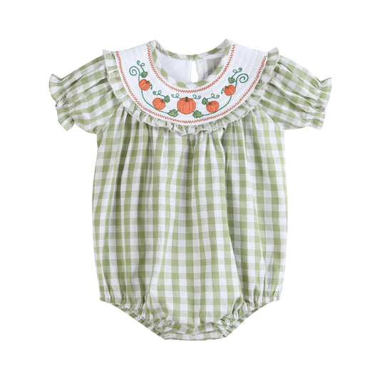 Sage Green Gingham Pumpkin Smocked Romper