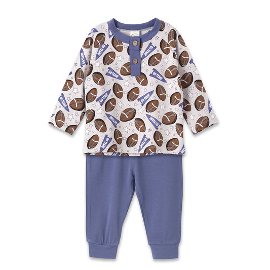 Baby Boy Football Outfit – Bamboo Henley Shirt & Pants Set