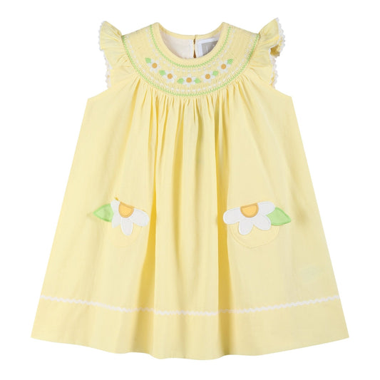 Yellow Daisy Pocketed Smocked Bishop Dress