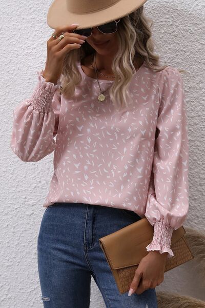 Printed Lantern Sleeve Blouse - Blush Pink