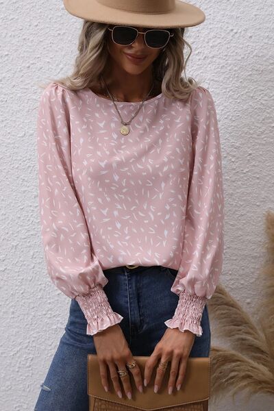 Printed Lantern Sleeve Blouse - Blush Pink