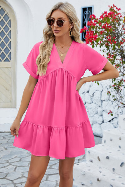 Ruched Tiered V-Neck Short Sleeve Mini Dress - 5 color options!