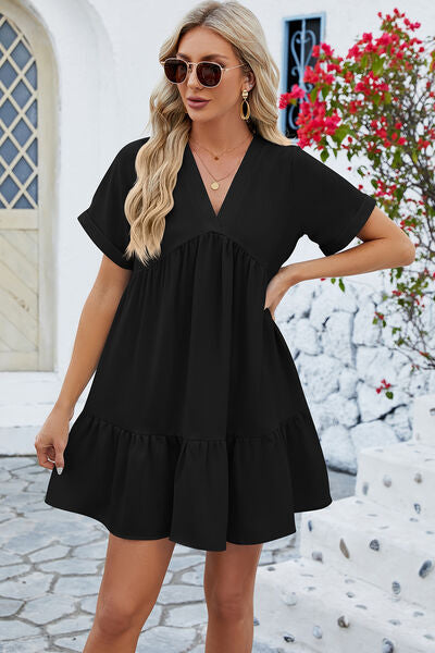 Ruched Tiered V-Neck Short Sleeve Mini Dress - 5 color options!