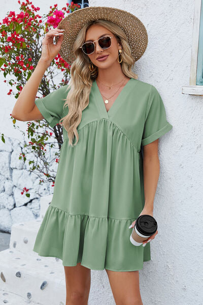 Ruched Tiered V-Neck Short Sleeve Mini Dress - 5 color options!