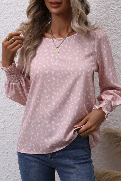 Printed Lantern Sleeve Blouse - Blush Pink