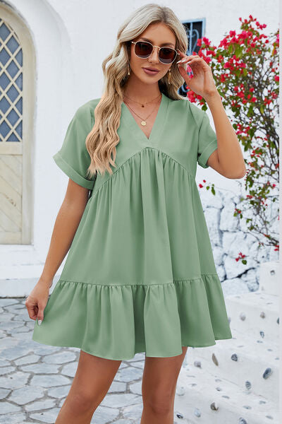 Ruched Tiered V-Neck Short Sleeve Mini Dress - 5 color options!