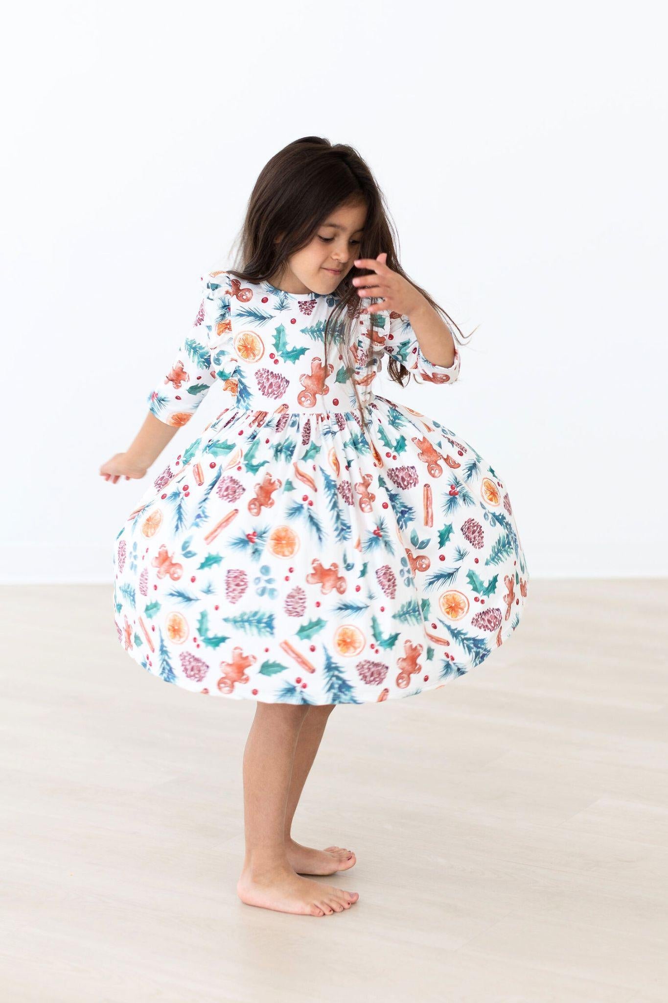 Classic Christmas 3/4 Sleeve Ruffle Twirl Dress