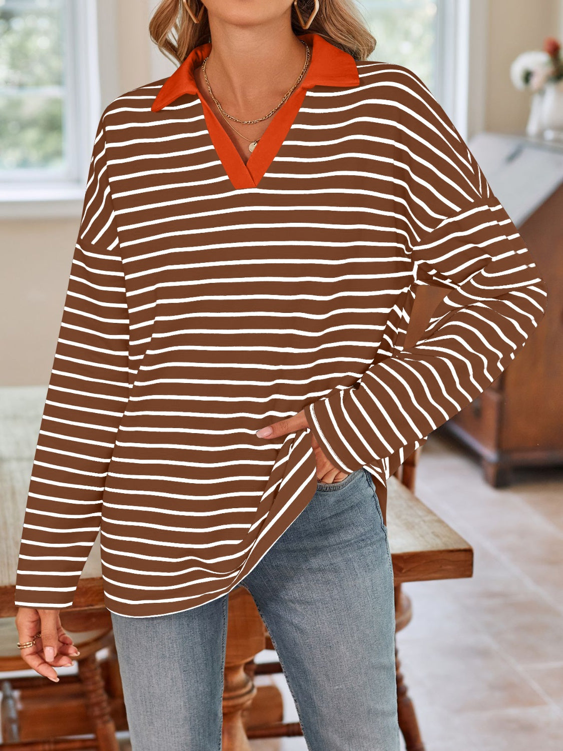 Striped Johnny Collar Long Sleeve Shirt