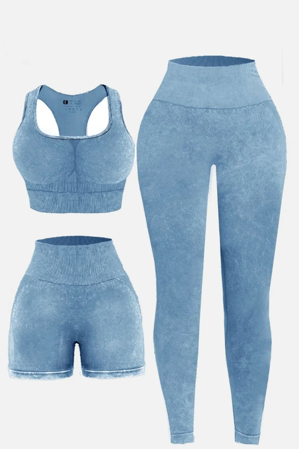Three Piece Washed Square Neck Wide Strap Active Set