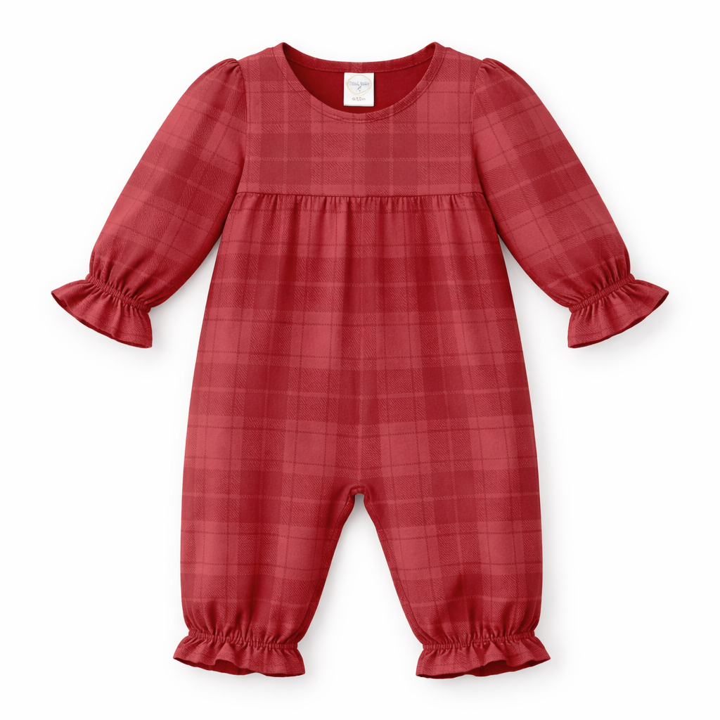 Red Plaid Baby Girl Romper With Ruffles & Puff Sleeves