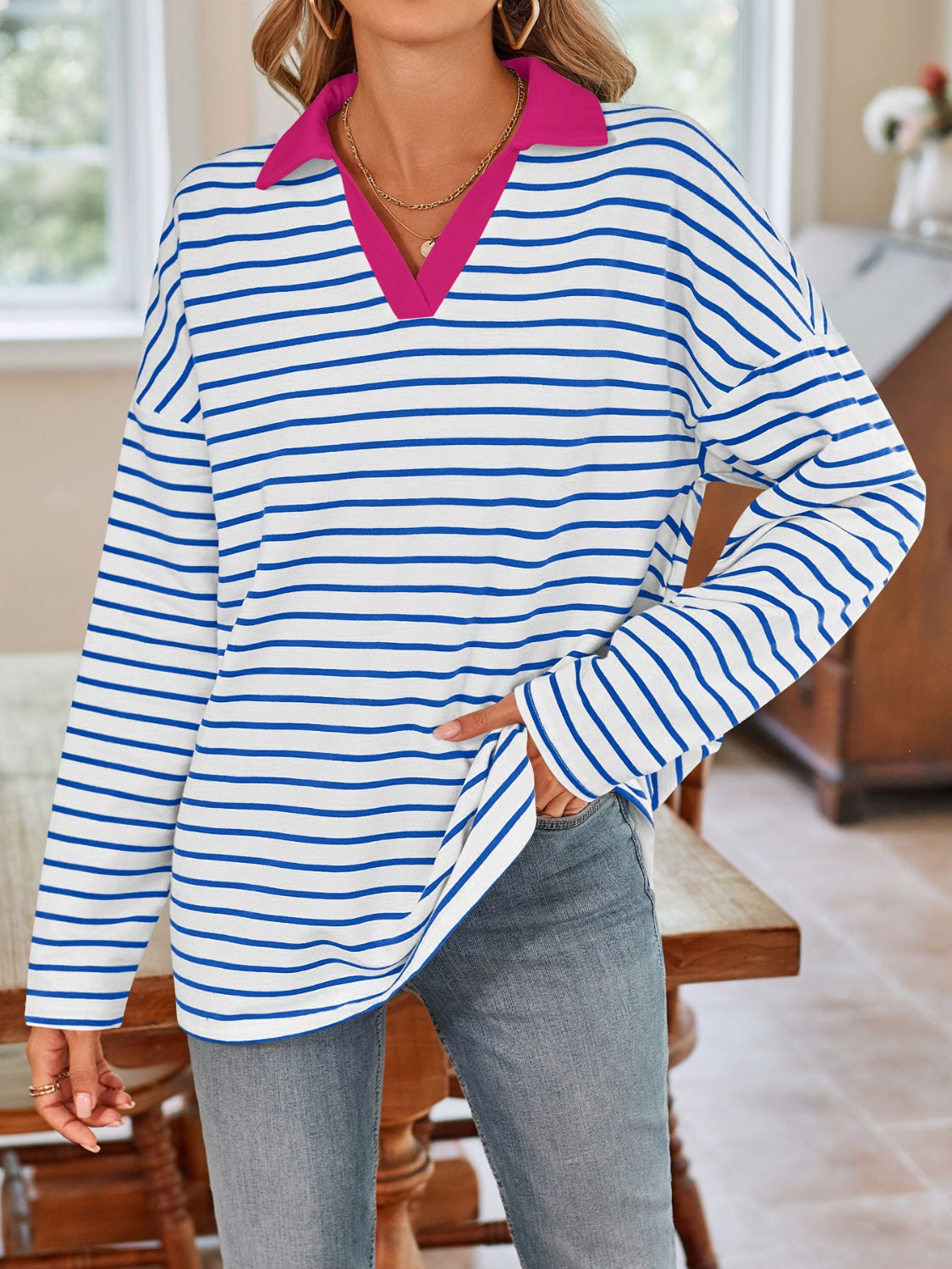 Striped Johnny Collar Long Sleeve Shirt