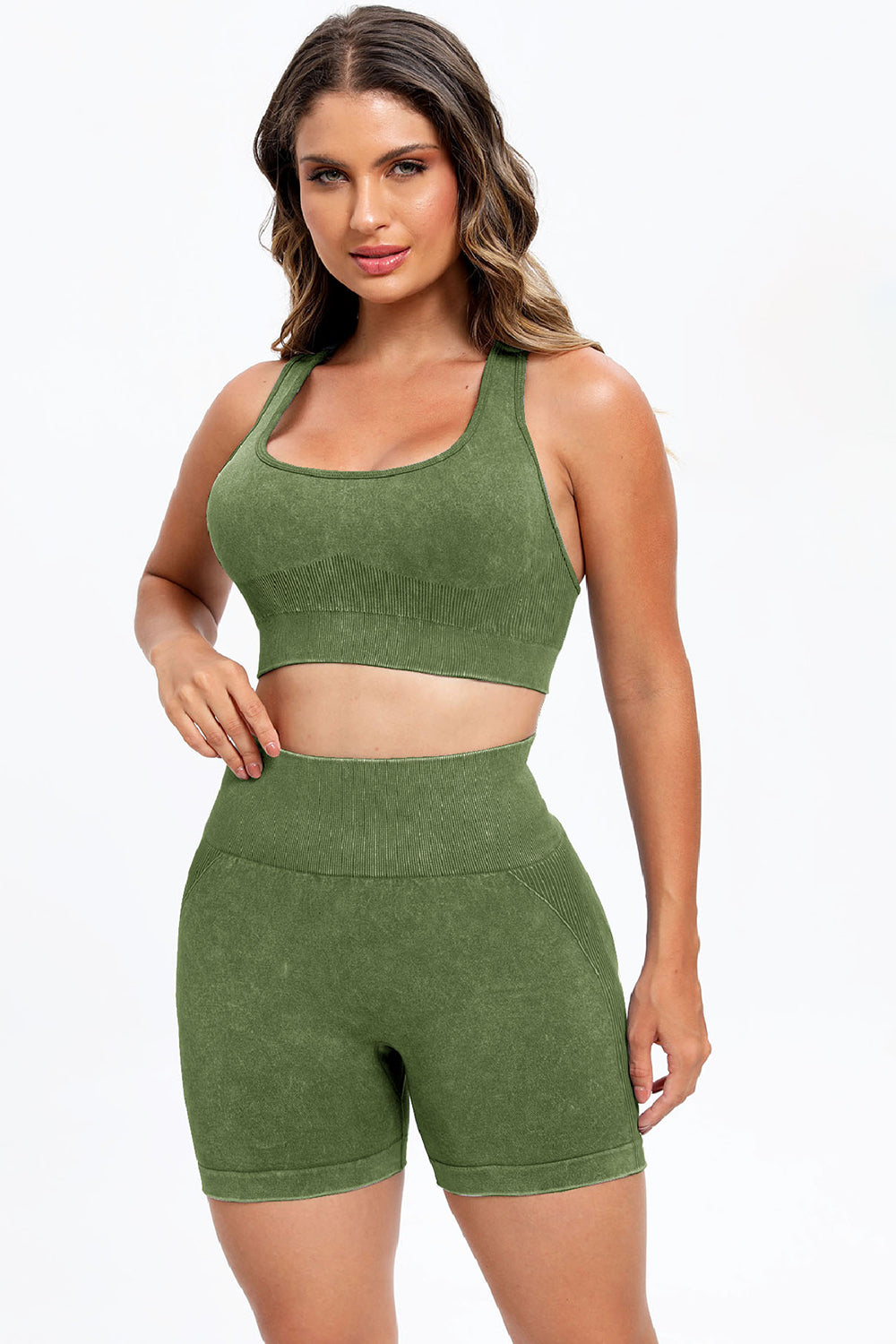 Three Piece Washed Square Neck Wide Strap Active Set