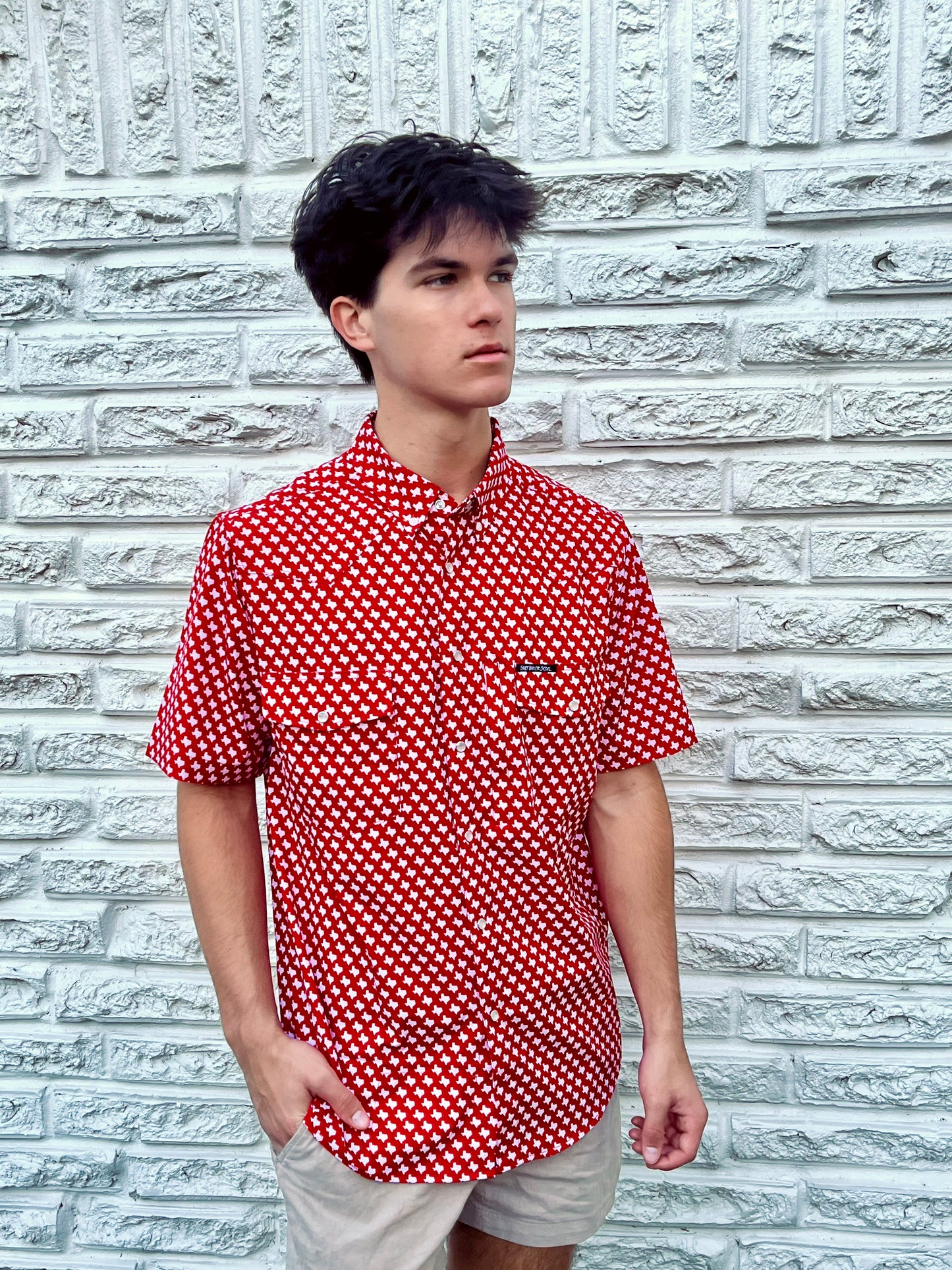 “The Houston” Texas Print Pearl Snap Shirt - Red