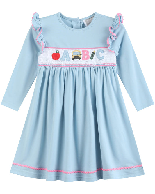 Blue Smocked Knit ABC School Dress