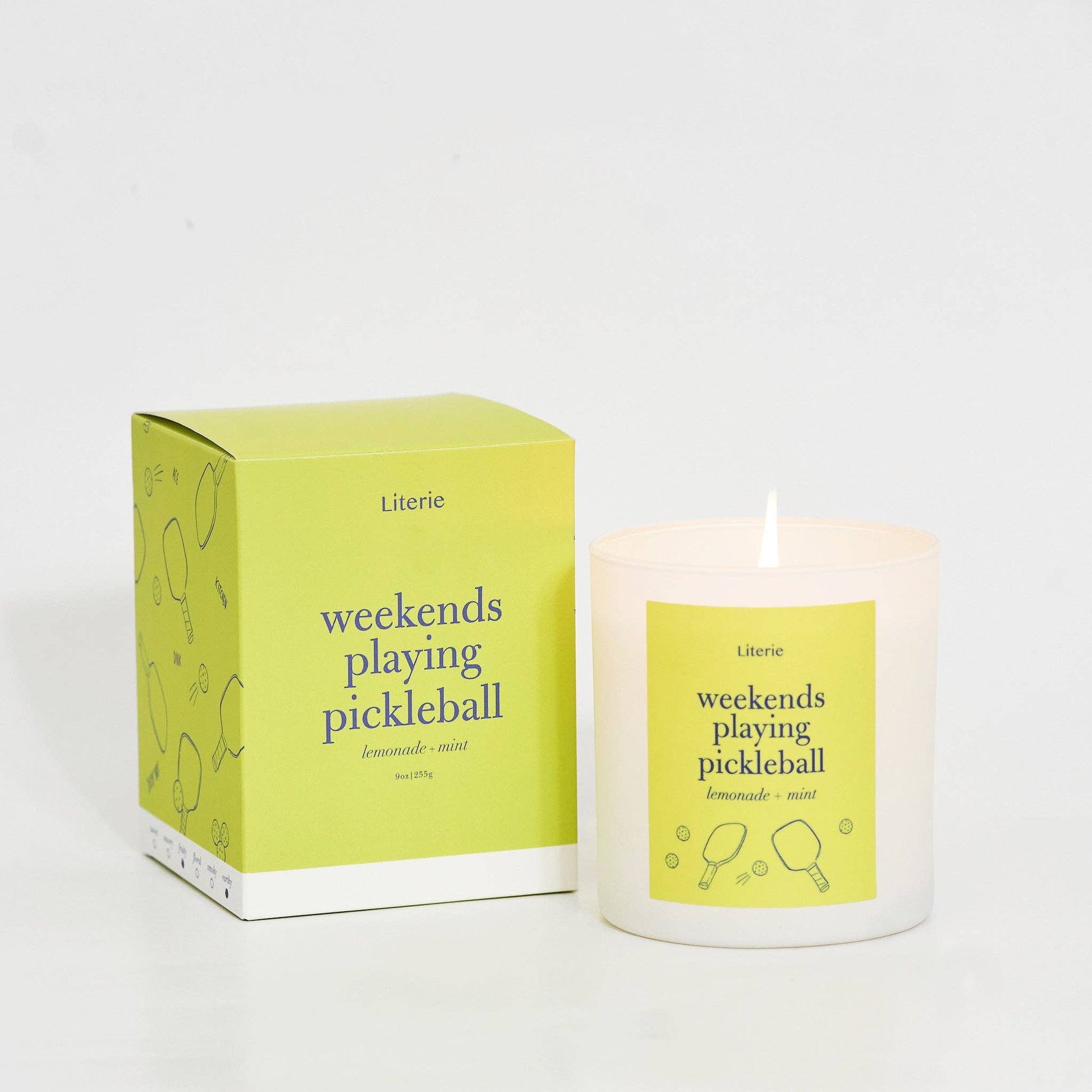 weekends playing pickleball candle with box